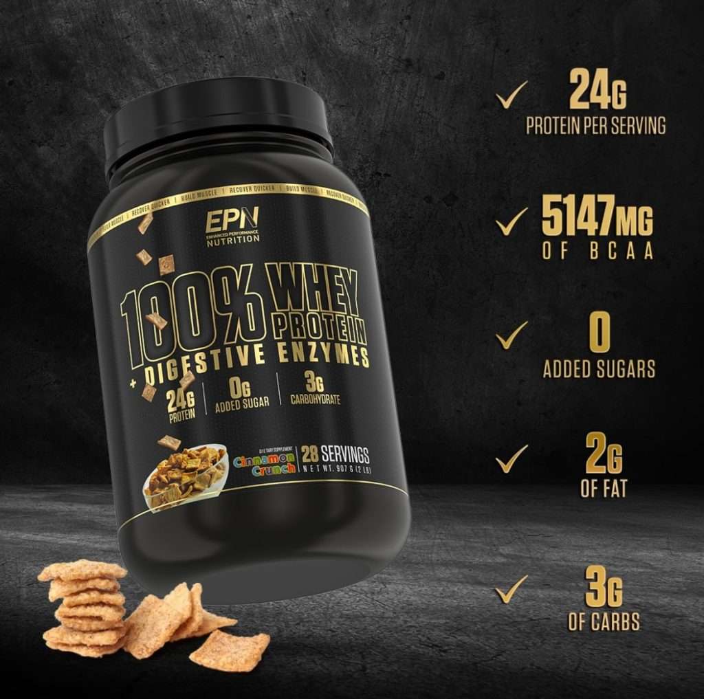 A black tub of EPN 100% Whey Protein Isolate showing nutritional facts on a black textured background.
