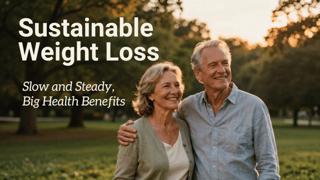 A smiling older couple standing outdoors with a "Sustainable Weight Loss" graphic overlay, representing healthy aging, vitality, and joint-friendly lifestyle habits.