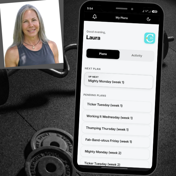 Laura Garrett smiling next to a smartphone displaying the C-Fit fitness and nutrition coaching app.