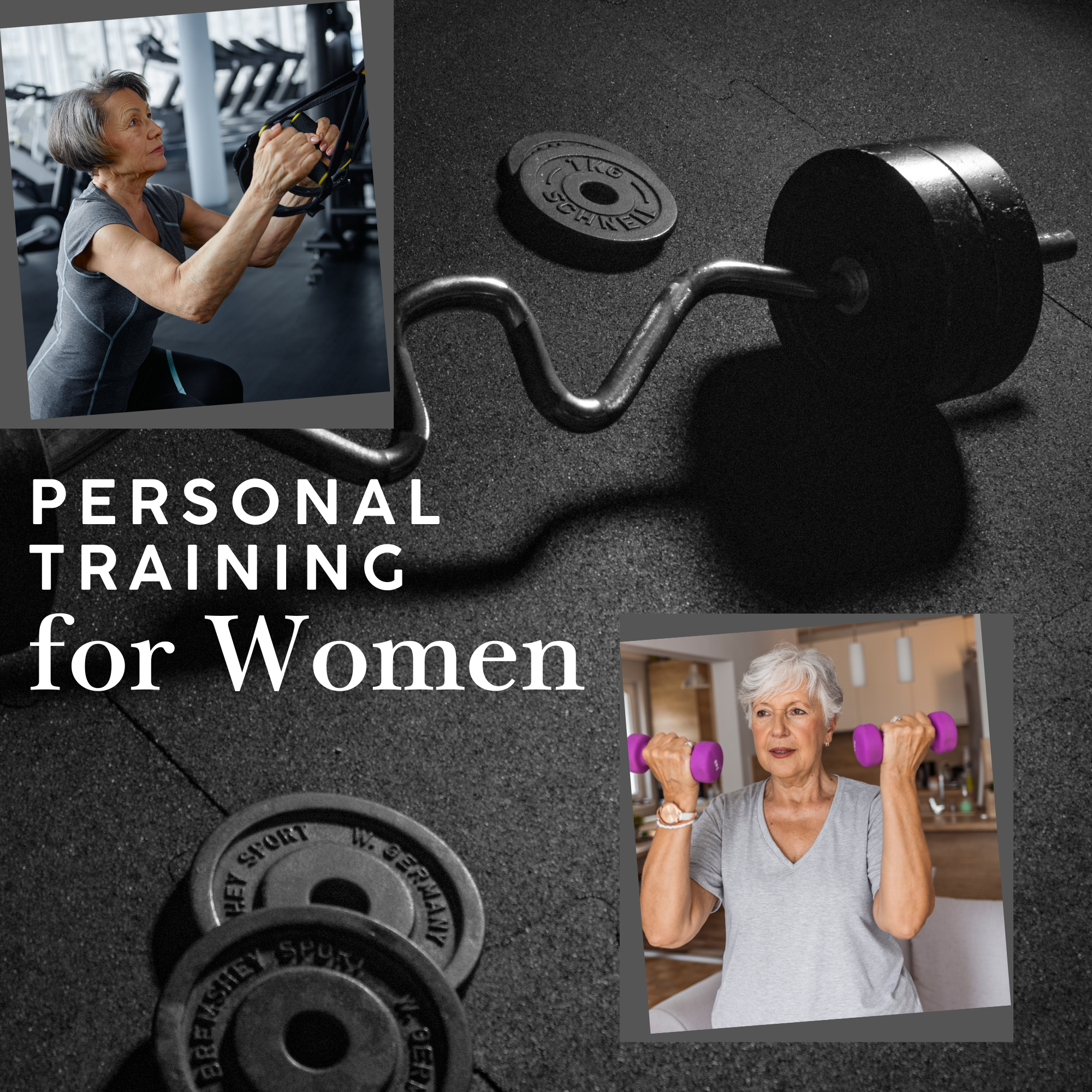 A graphic titled Personal Training for Women featuring an active middle-aged woman lifting weights in a gym setting.